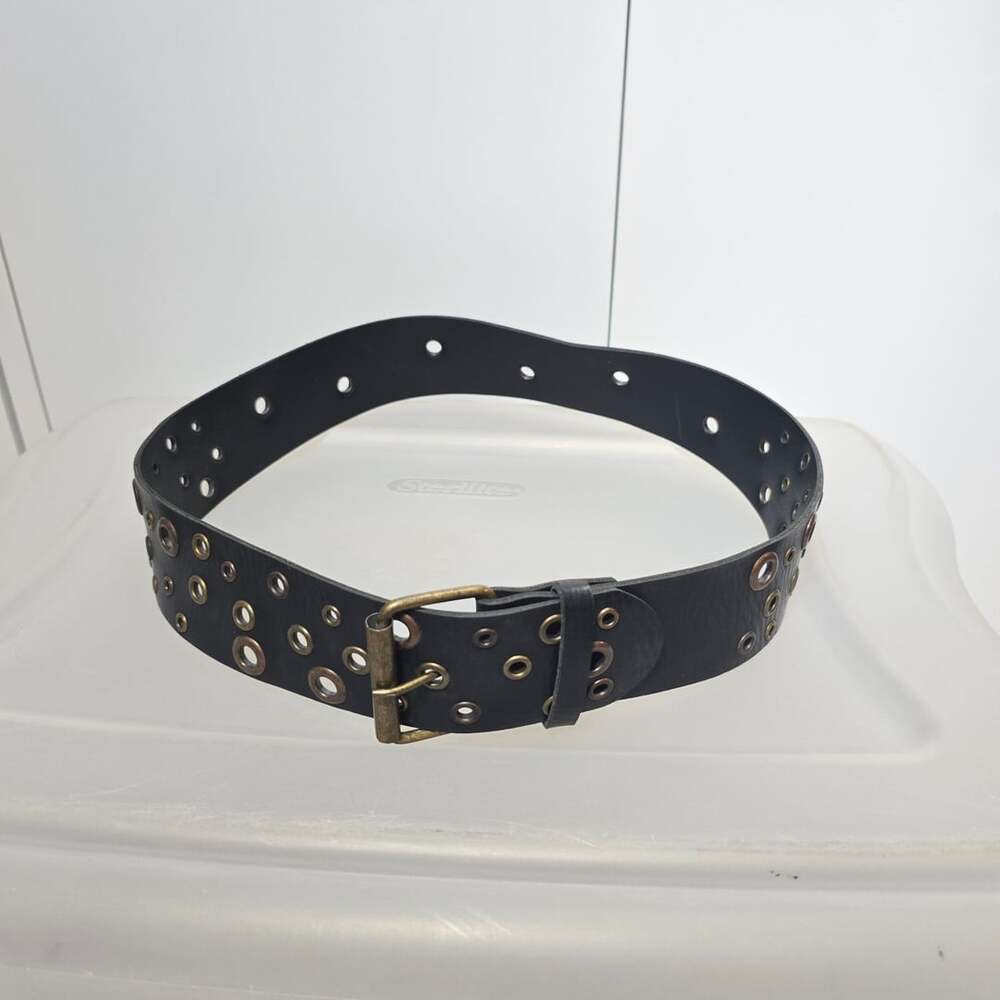 MUDD Black Leather Double Grommet Belt Size 3 Antique Brass Hardware
